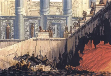 Décor de scène pour La Flûte enchantée de Mozart, épreuve de feu et d